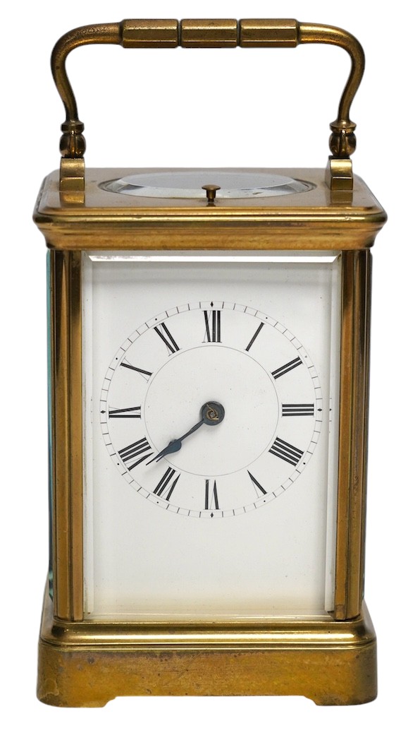 A late 19th century Henri Jacot brass cased eight day repeating carriage clock, 15cm. Condition - good, not tested as working